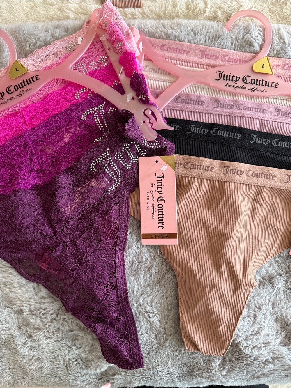 Juicy Couture Pink, Fuchsia, Magenta & Purple Lace + Nude Ribbed Panty Set